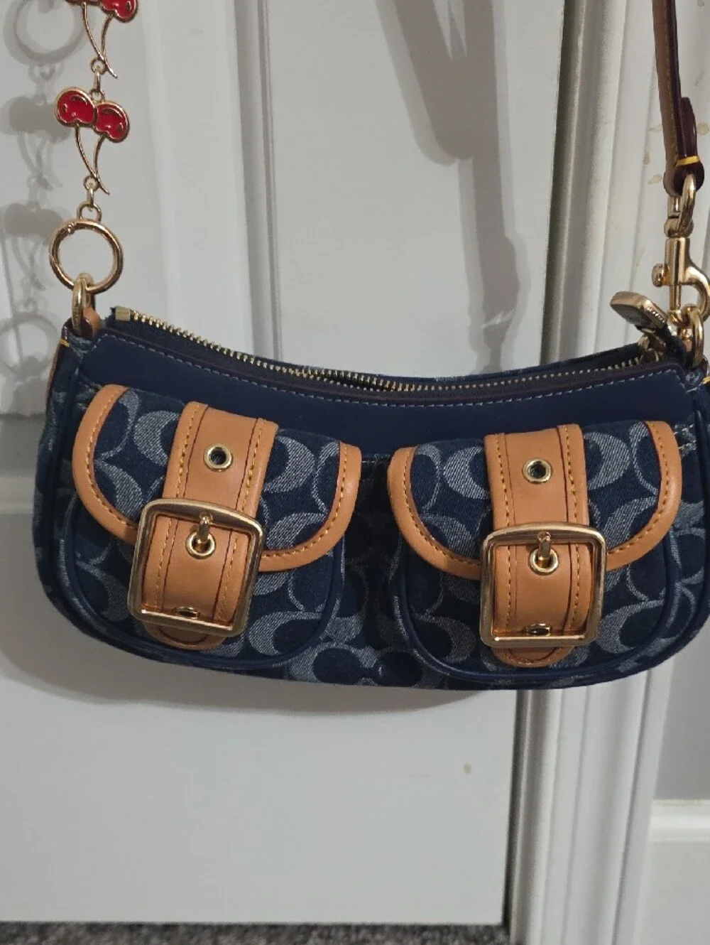 Coach Navy Signature Denim Crossbody with Tan Leather Trim